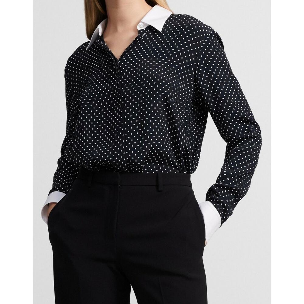 NWT Theory Black Polka Dot Button-Up Blouse with White Collar